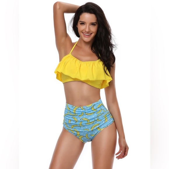 Tummy Control Yellow Ruffle High Waist 2 Piece Set Bikini - Picture 1 of 2